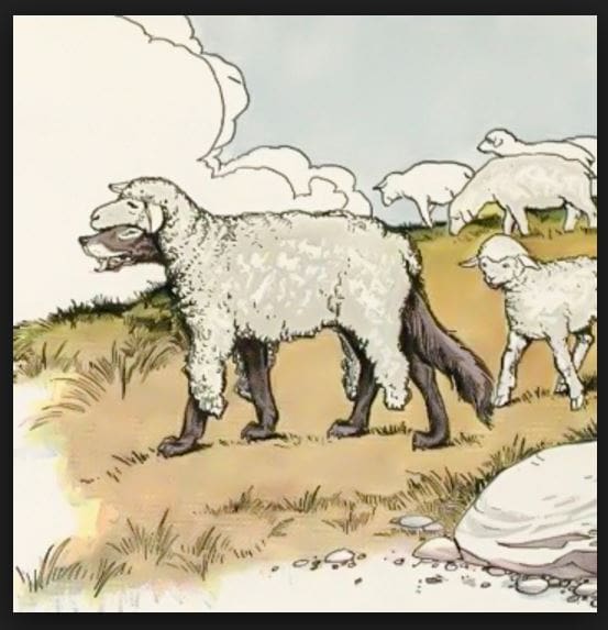 Wolf-in-Sheeps-Clothing-Milo-Winter-1919 Wolf in sheep's clothing among sheep.